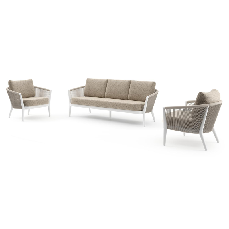 Orso loungeset in wit aluminium en beige verticaal geweven ronde rope met Bora Jungle all weather cosytica kussen