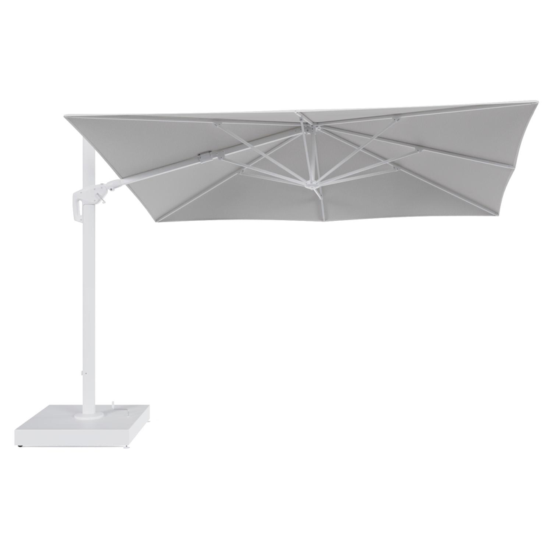 Minore zweefparasol met tiltfunctie in wit aluminium en Ego Birch All Weather Solica parasoldoek - L1 280 x L2: 370 cm met parasolvoet Minore 260 kg met wielen
