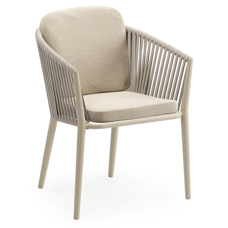 Chaise de jardin Orso en aluminium beige et corde plate tissée verticalement beige avec coussin luxe en All Weather Cosytica Althea Chalk
