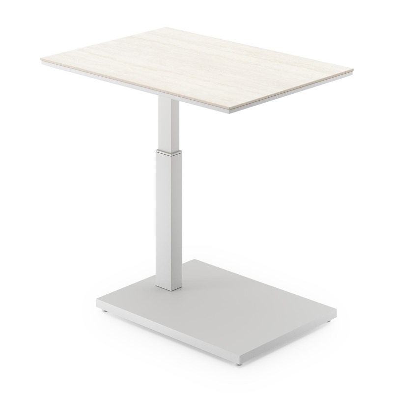Cirello pop-up bijzettafel rechthoekig in wit aluminium en volkeramiek Travertino Bianco - L 70 x B 50 x H 44 cm