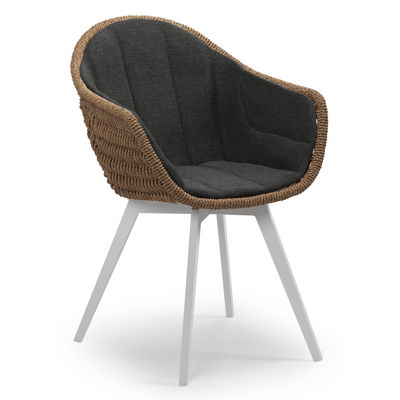 Pagino tuinstoel in wit aluminium en bruin ronde wicker met zitkussen in All Weather Sunbrella® Luxe Chartres Sooty