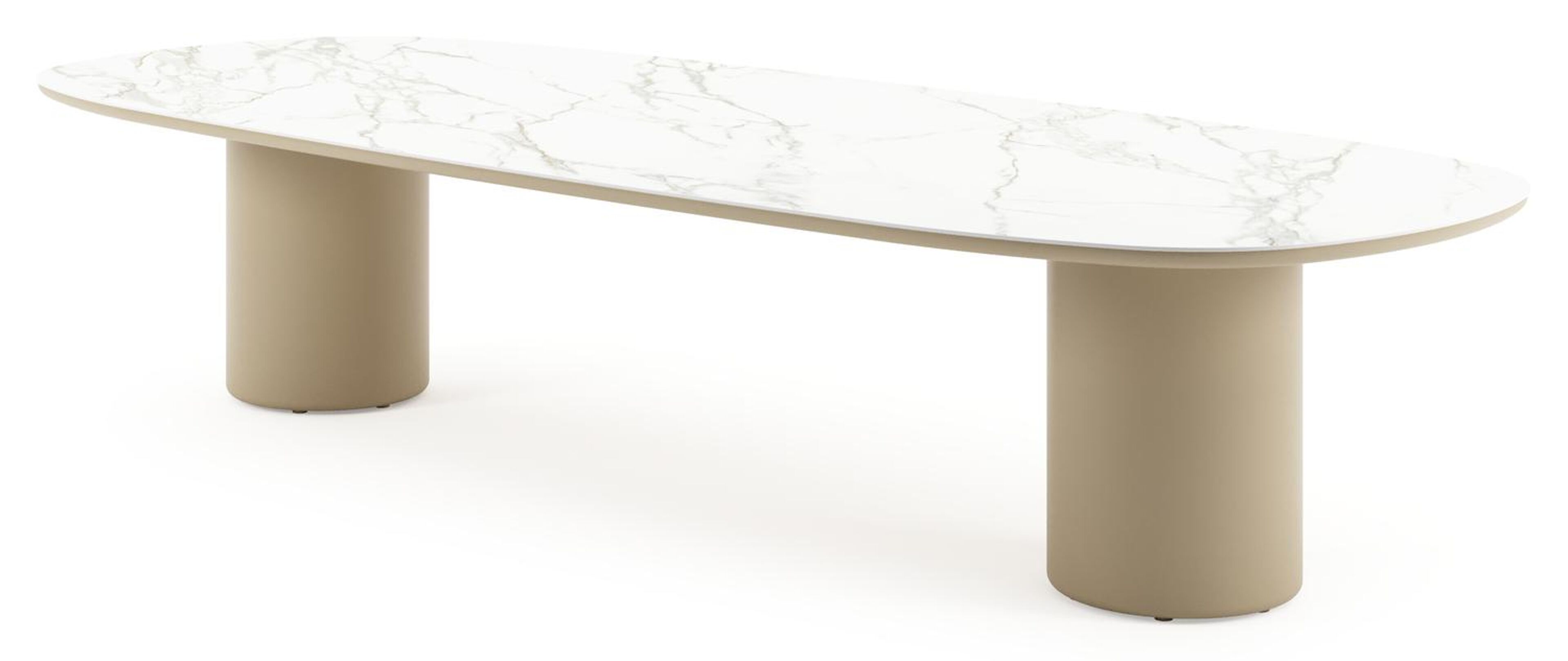 Table de jardin low dining Amico bombo en aluminium beige et céramique pleine Calacatta - Lg. 320 x Lrg. 130 x Haut. 61 cm