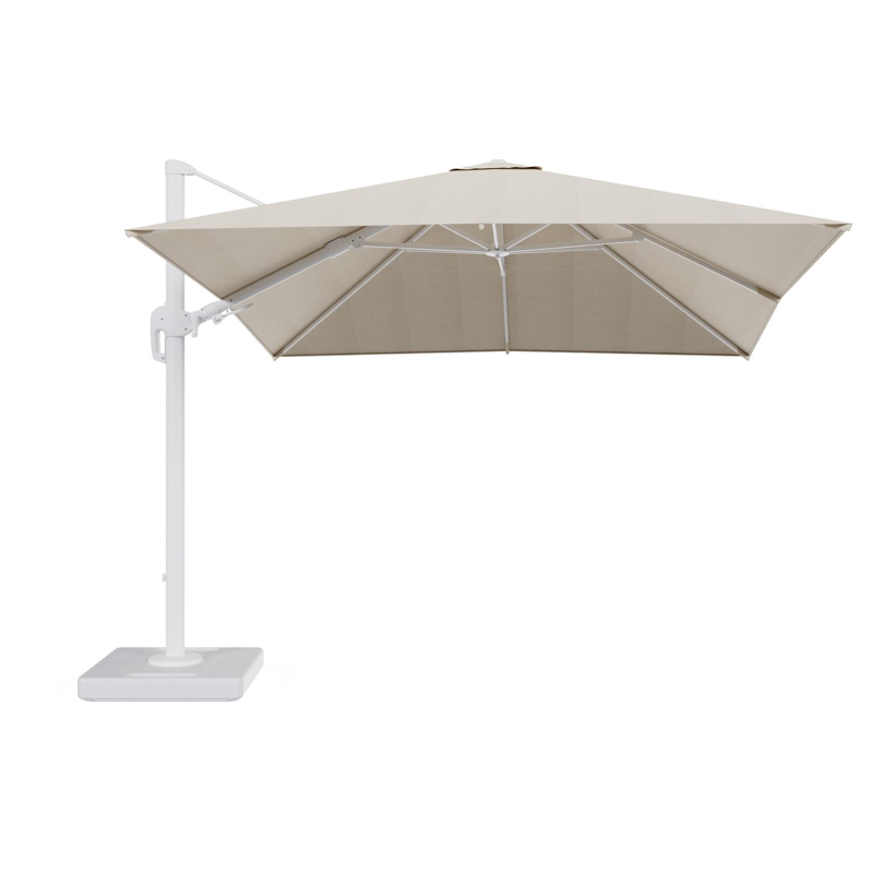 Rufina zweefparasol tiltfunctie in wit aluminium en parasoldoek in All Weather Sunbrella® Premium Beige - L1 300 x L2 300 cm met parasolvoet Lapido 160 kg