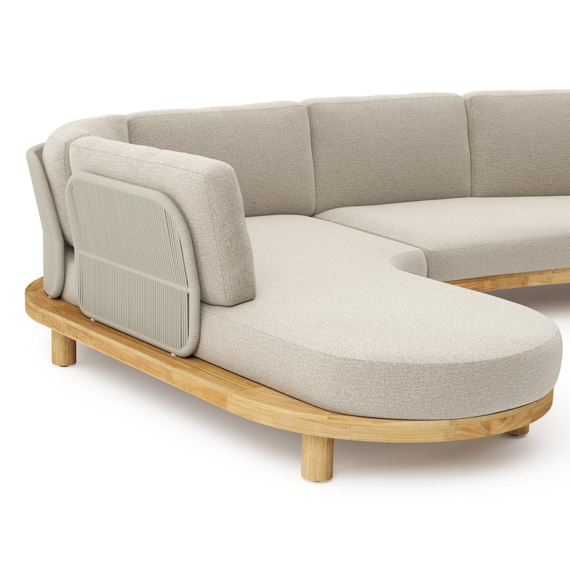 Donato loungehoek in teak en beige verticaal geweven ronde rope met All Weather Cosytica Catania Sand kussen