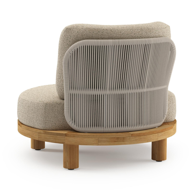 Donato loungestoel in teak en beige verticaal geweven ronde rope met all weather cosytica Bora Forest kussen