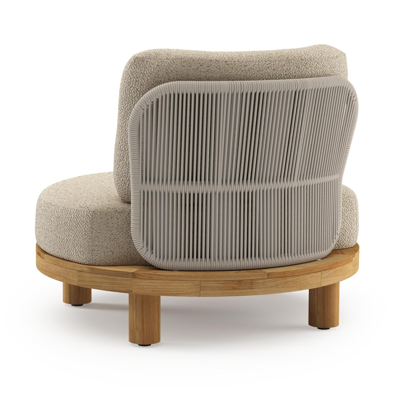 Donato loungestoel in teak en beige verticaal geweven ronde rope met all weather cosytica Bora Forest kussen