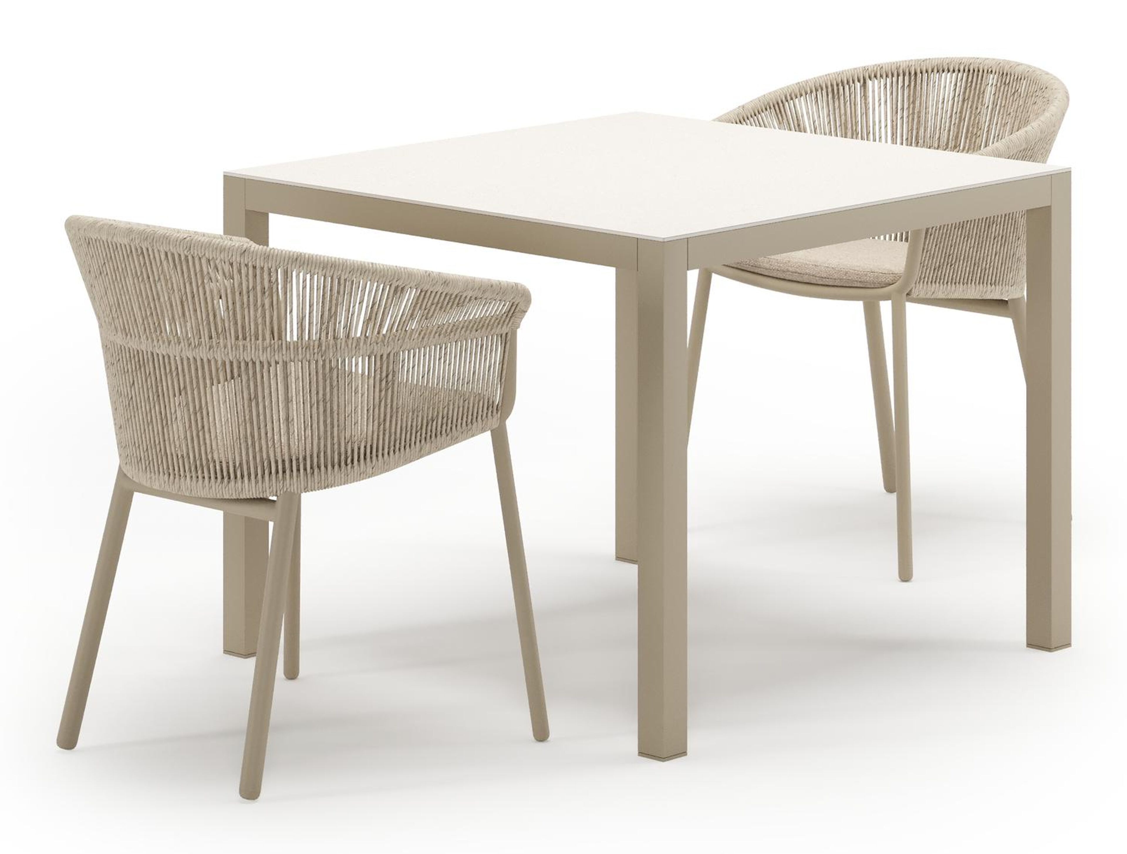 Feltro tuinset in beige aluminium en crema minerale sintered stone met 2 stapelbare Matera tuinstoelen