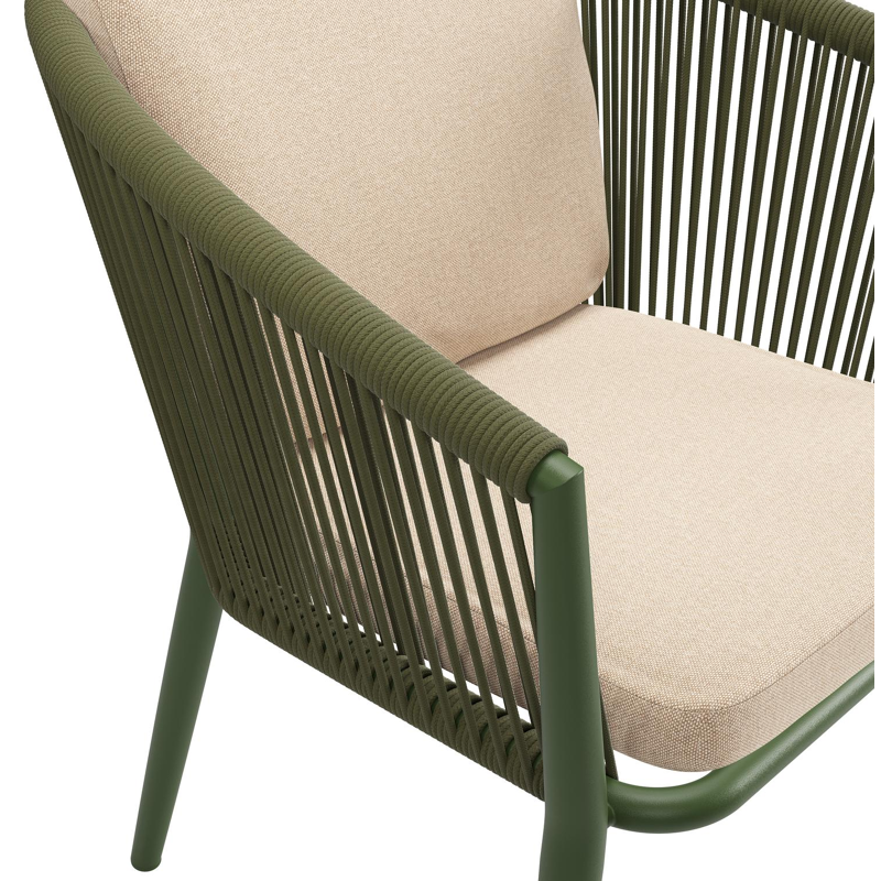 Chaise de jardin Orso en aluminium vert et corde ronde tissée verticalement vert avec coussin luxe en All Weather Sunbrella® Luxe Natte Heather Beige