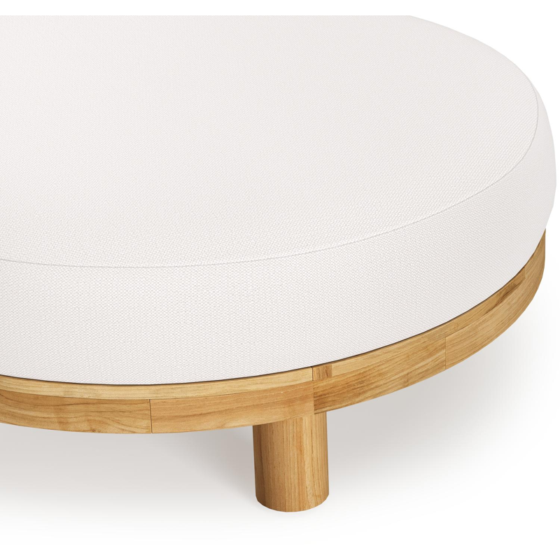 Donato lounge poef in teak en beige verticaal geweven ronde rope met all weather sunbrella® luxe Savane Whisper kussen