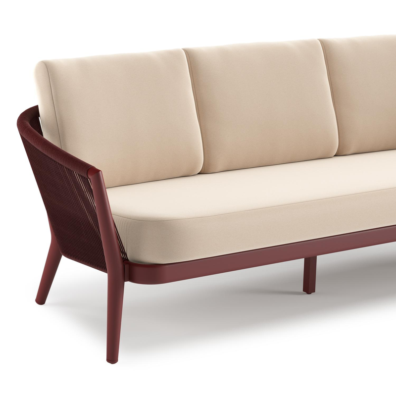 Orso loungeset in ruby aluminium en ruby verticaal geweven ronde rope met Natte Linen Chalk all weather sunbrella® luxe kussen