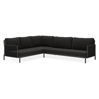 Amarante loungehoek in zwart aluminium en verticaal geweven ronde rope met zwart weather+ softtouch kussens