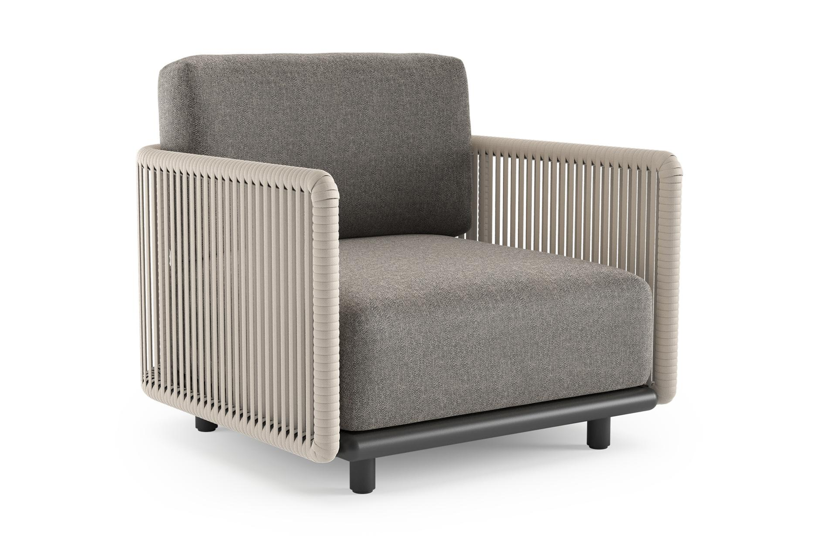 Organo loungestoel in zwart aluminium en beige verticaal geweven luxe vlakke rope met chartres drizzle all weather Sunbrella® luxe kussen