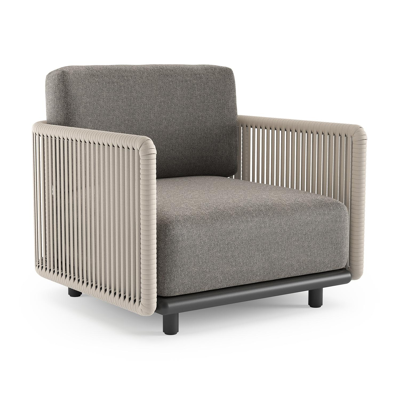 Fauteuil de jardin Organo en aluminium noir et corde luxe plate tissée verticalement beige et coussin en all weather Sunbrella® luxe chartres drizzle