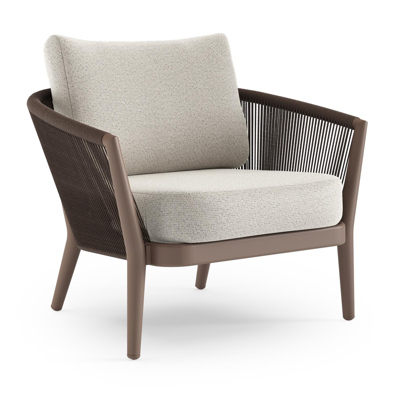 Fauteuil de jardin Orso en aluminium taupe en corde ronde tissée verticalement noir et coussins en all weather solica Firenze Natural