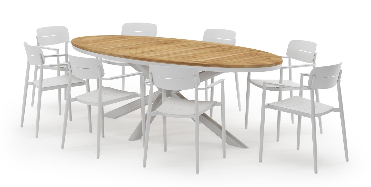 Pamplona ovale tuinset in wit aluminium en teak natural finish met 8 Cosa tuinstoelen