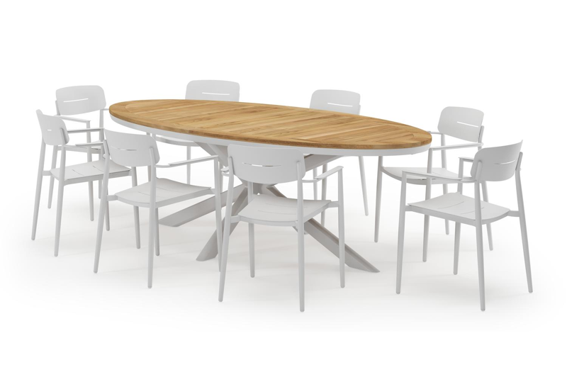 Pamplona ovale tuinset in wit aluminium en teak natural finish met 8 Cosa tuinstoelen