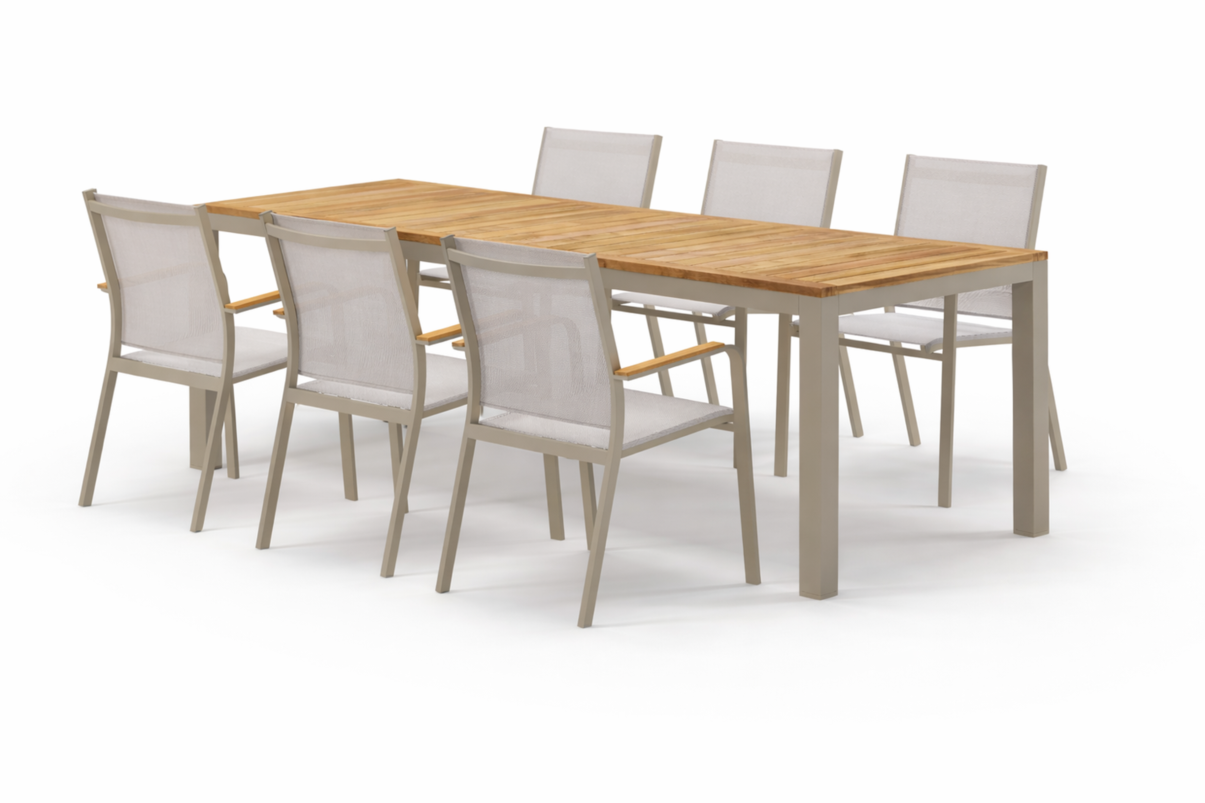 Varese tuinset in beige aluminium en teak met 6 Amalfi tuinstoelen