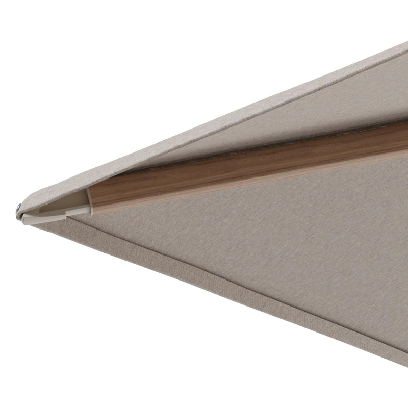 Minore zweefparasol met tiltfunctie in houtlook aluminium en Heritage Ash All Weather Sunbrella® Luxe parasoldoek - L1: 350 x L2: 350 cm met parasolvoet Minore 260 kg met wielen