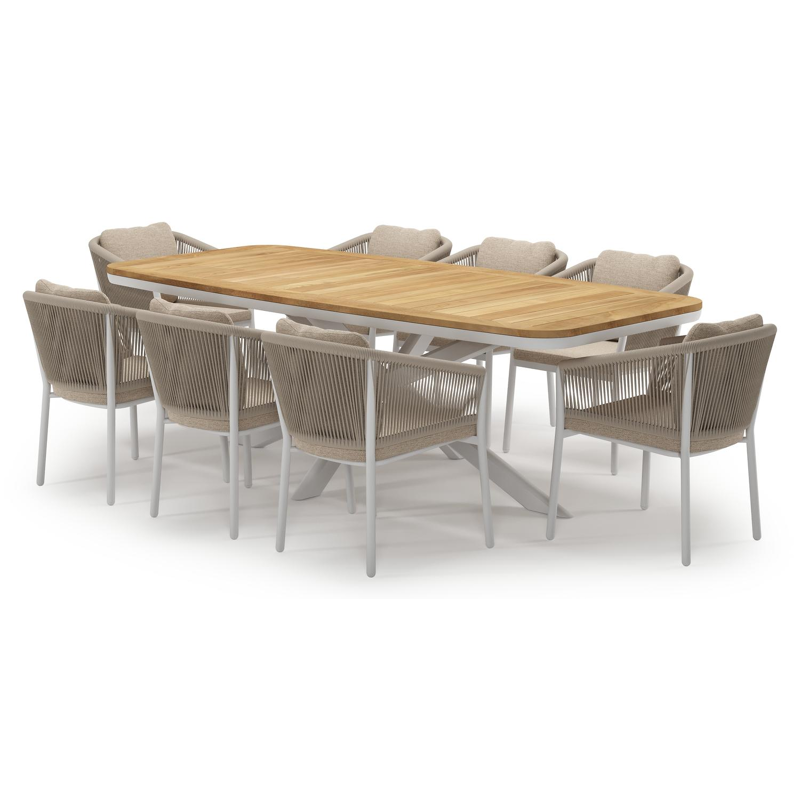 Ensemble de jardin Pamplona en aluminium blanc et sintered stone natural finish avec 8 chaises de jardin Gerona