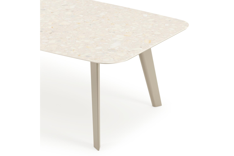 Table de jardin Lacrima forme de bateau en beige aluminium et céramique pleine Retrostone - Lg. 255 x Lrg. 115 cm