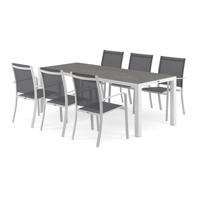 Ensemble de jardin Varese en aluminium blanc avec plateau de table en céramique pleine gris et 6 chaises de jardin empilables Calobra