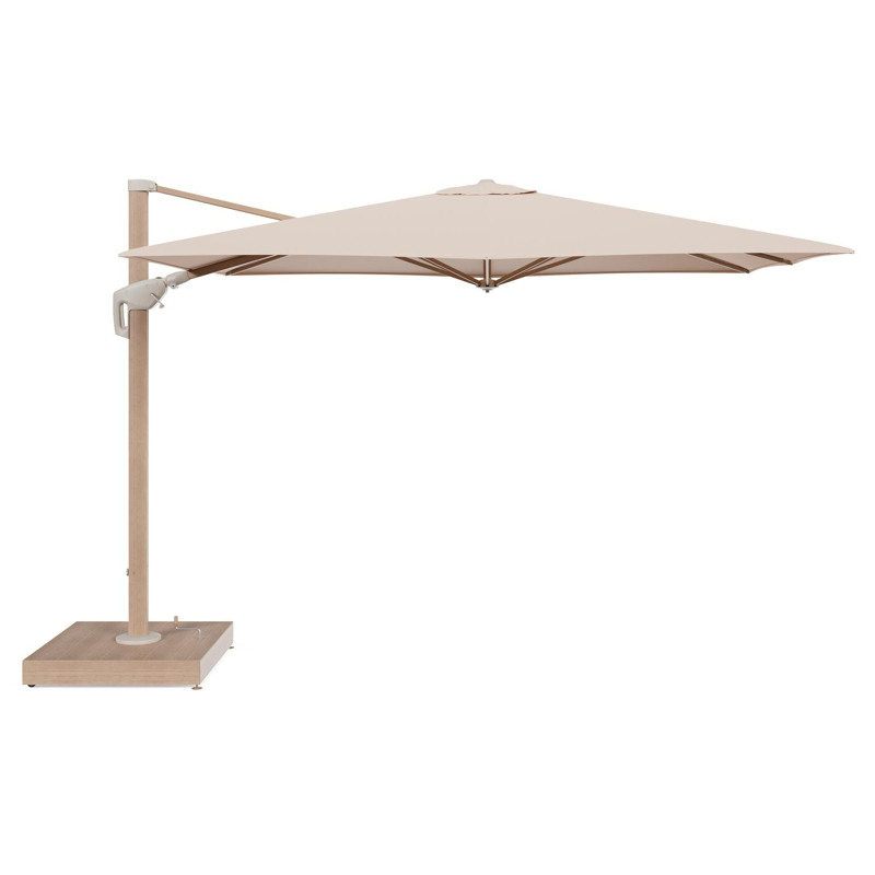Minore zweefparasol met tiltfunctie in houtlook aluminium en Natte Linen Chalk All Weather Sunbrella® Luxe parasoldoek - L1 280 x L2 370 cm met parasolvoet Minore 260 kg met wielen