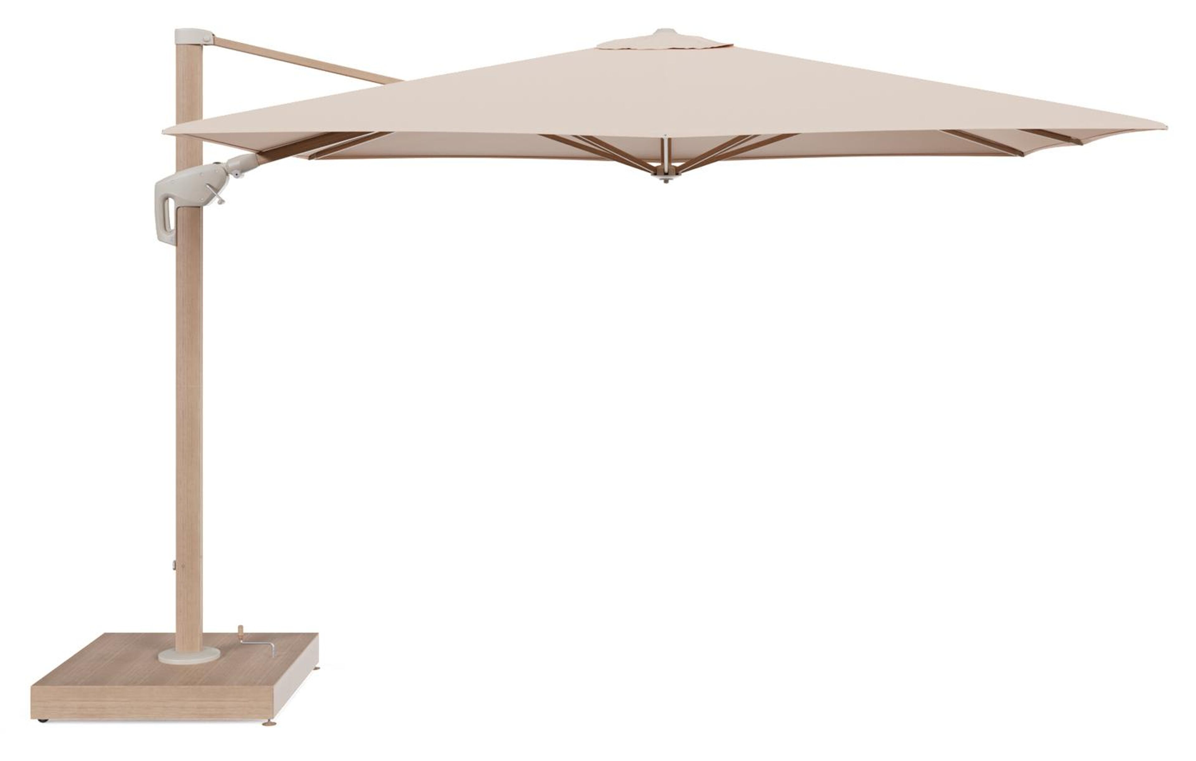 Minore zweefparasol met tiltfunctie in houtlook aluminium en Natte Linen Chalk All Weather Sunbrella® Luxe parasoldoek - L1 280 x L2 370 cm met parasolvoet Minore 260 kg met wielen