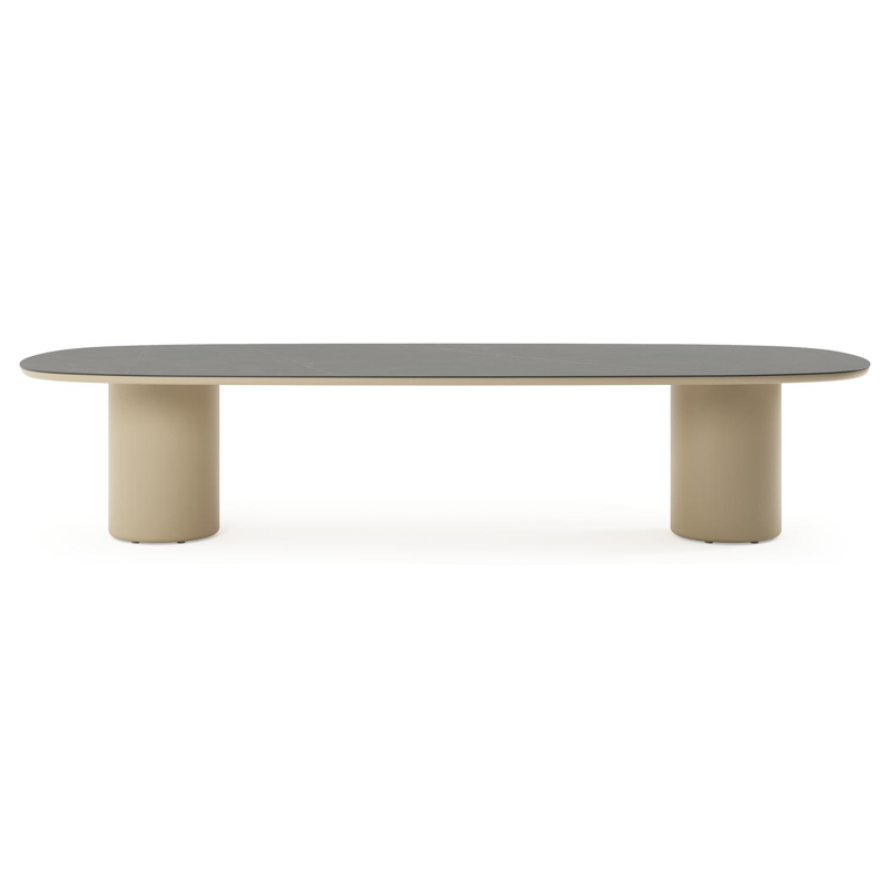 Table de jardin low dining Amico bombo en aluminium beige et céramique pleine Calatorao - Lg. 320 x Lrg. 130 x Haut. 61 cm