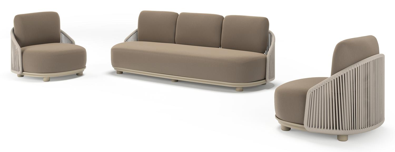 Vadelo loungeset in beige aluminium en beige verticaal geweven ronde rope met natte heather grey all weather sunbrella® luxe kussen