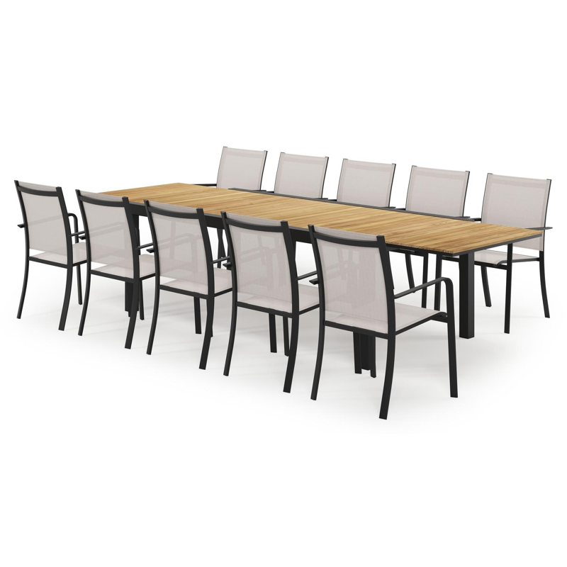 Calobra ensemble de jardin extensible rectangulaire en aluminium noir en teck naturel avec 10 chaises de jardin Calobra