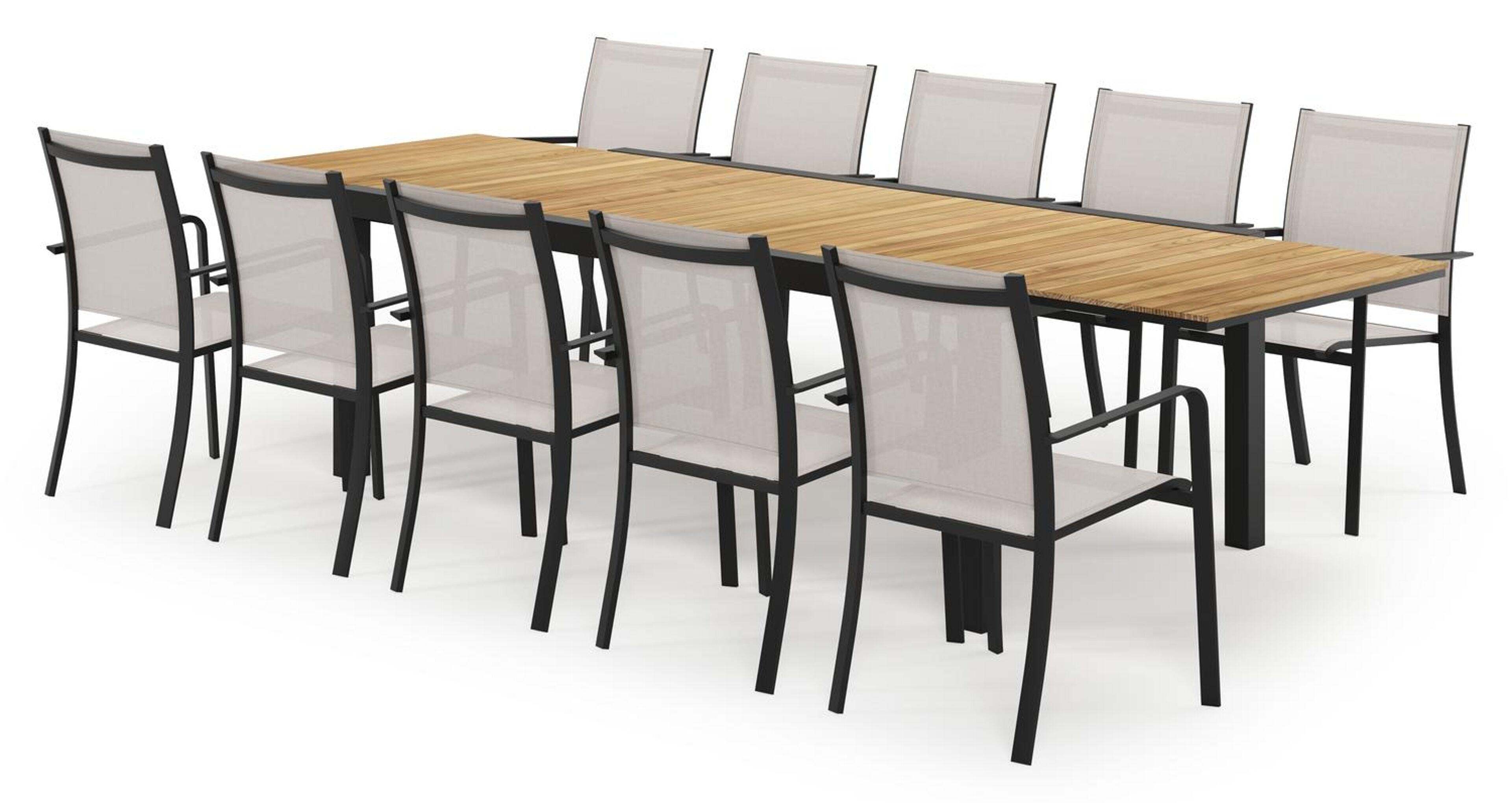 Calobra ensemble de jardin extensible rectangulaire en aluminium noir en teck naturel avec 10 chaises de jardin Calobra