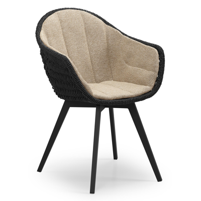 Pagino tuinstoel in zwart aluminium en zwart ronde wicker met zitkussen in All Weather Cosytica Madagascar Oak