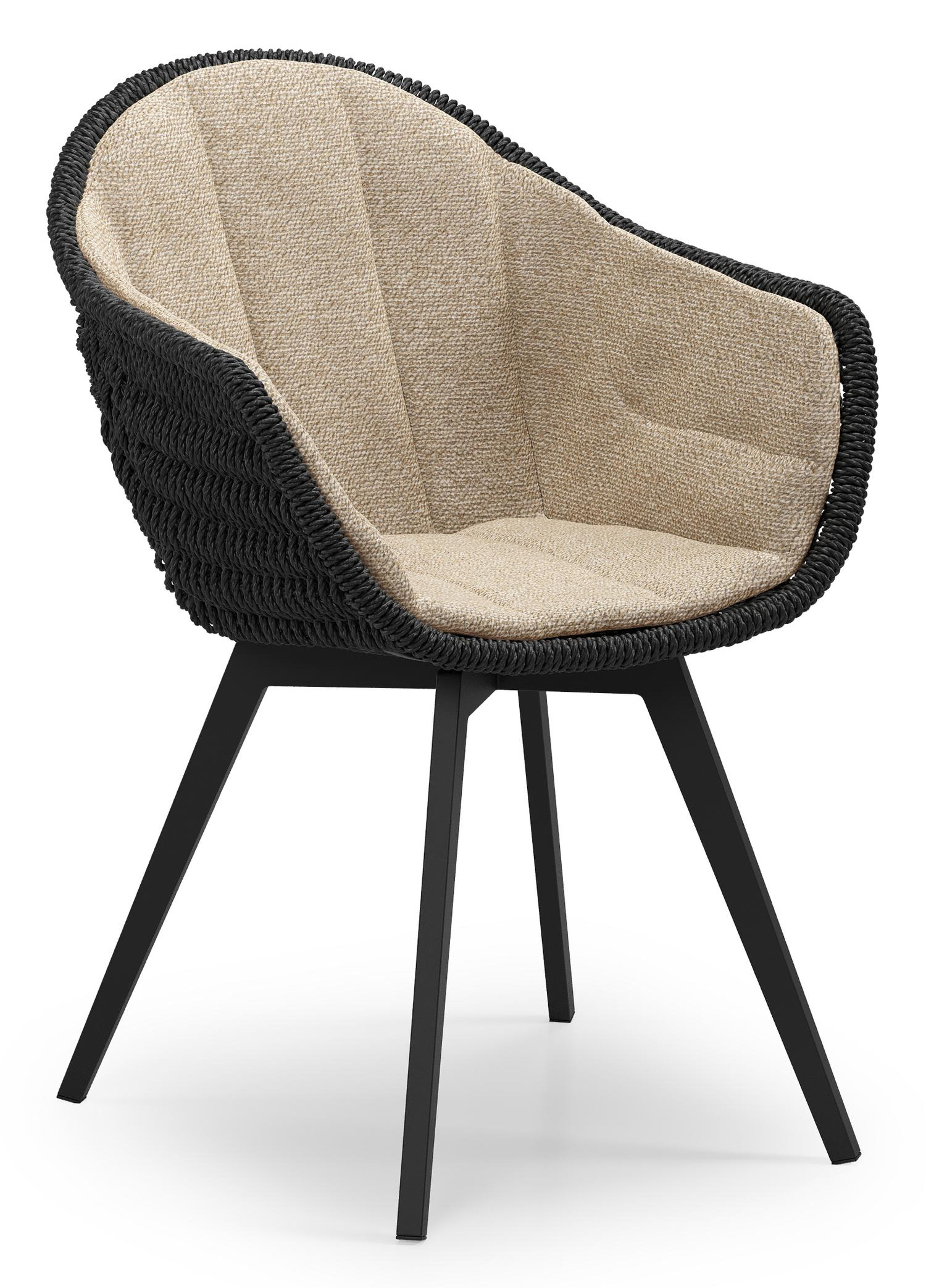 Pagino tuinstoel in zwart aluminium en zwart ronde wicker met zitkussen in All Weather Cosytica Madagascar Oak