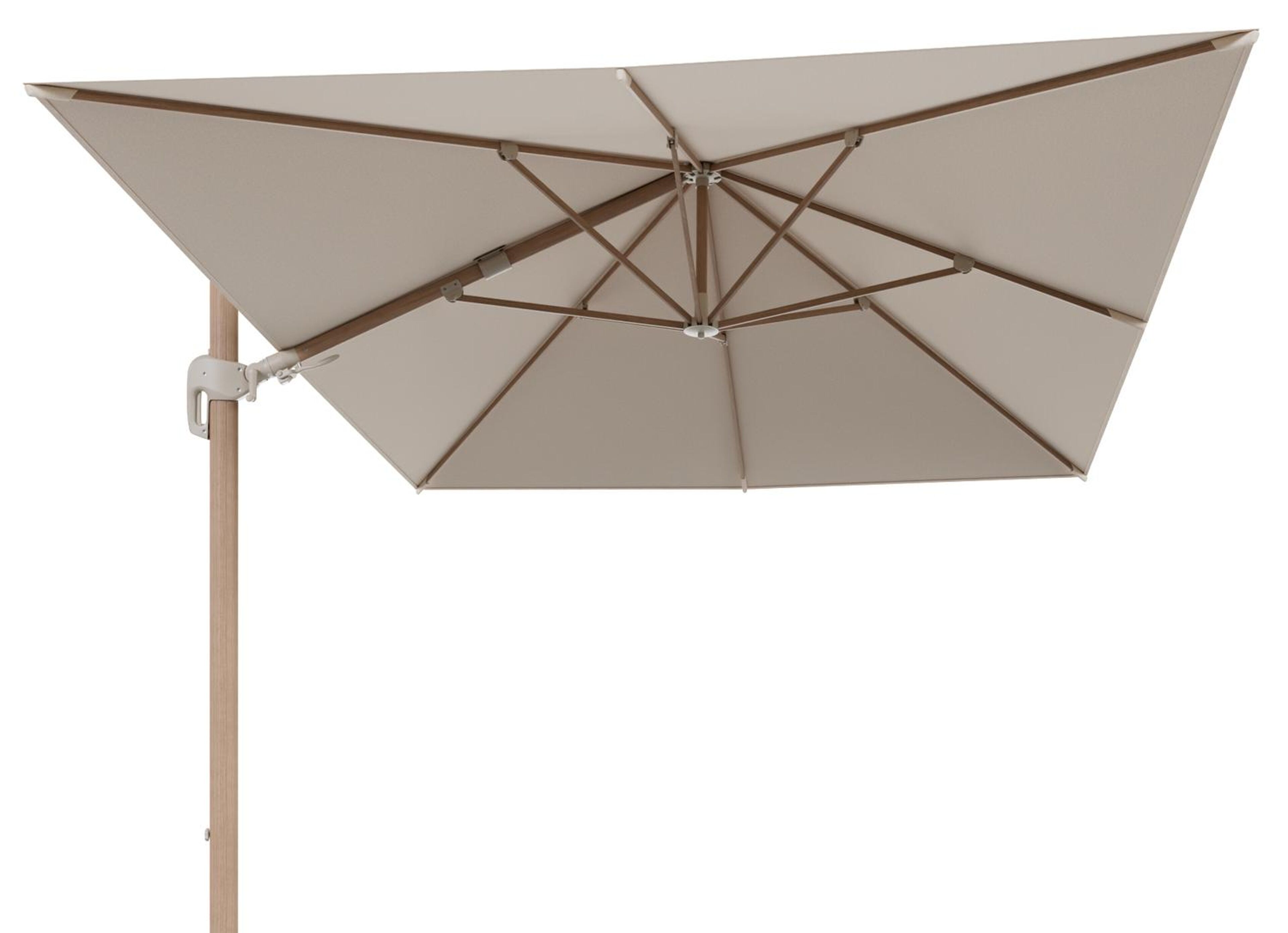 Rufina zweefparasol tiltfunctie in houtlook aluminium en parasoldoek in All Weather Sunbrella® Luxe Heritage Papyrus  - L1 400 x L2 300 cm (zonder voet) (zonder voet)