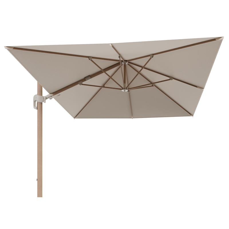 Rufina zweefparasol tiltfunctie in houtlook aluminium en parasoldoek in All Weather Sunbrella® Luxe Heritage Papyrus - L1 400 x L2 300 cm (zonder voet) (zonder voet)