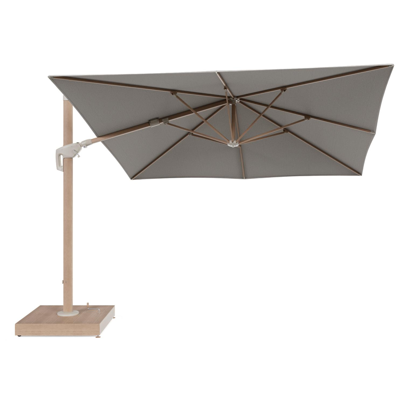 Minore zweefparasol met tiltfunctie in houtlook aluminium en Firenze Sand All Weather Solica parasoldoek - L1 350 x L2 350 cm met parasolvoet Minore 260 kg met wielen
