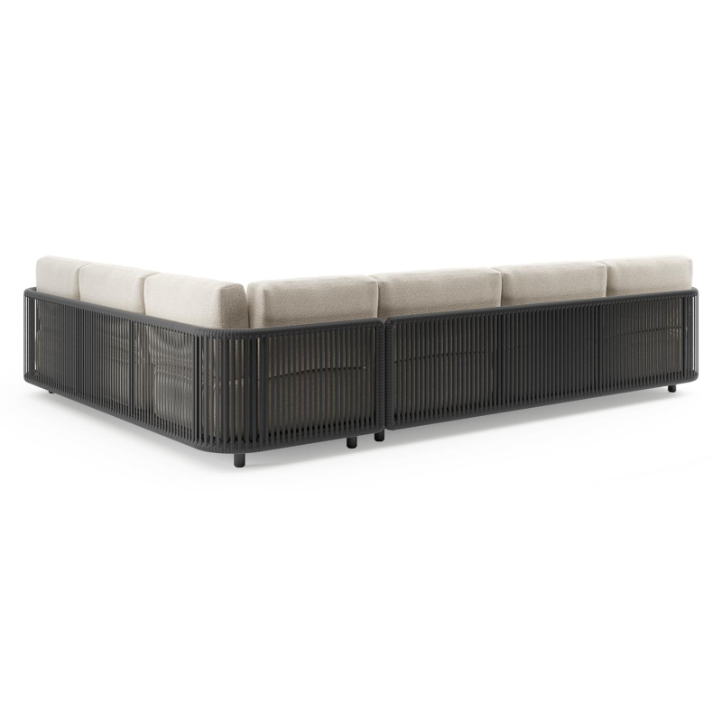 Salon de jardin d'angle Organo en aluminium noir et corde luxe plate tissée verticalement noir et coussin en all weather Cosytica marbella ecru