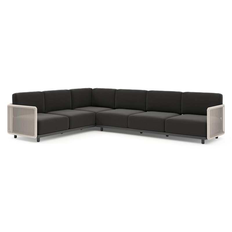 Organo loungehoek in zwart aluminium en beige verticaal geweven luxe vlakke rope met natte sooty all weather Sunbrella® luxe kussen