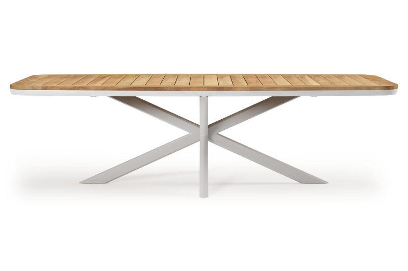 Pamplona bootvormige tuinset in wit aluminium en teak natural finish met 8 Matera tuinstoelen