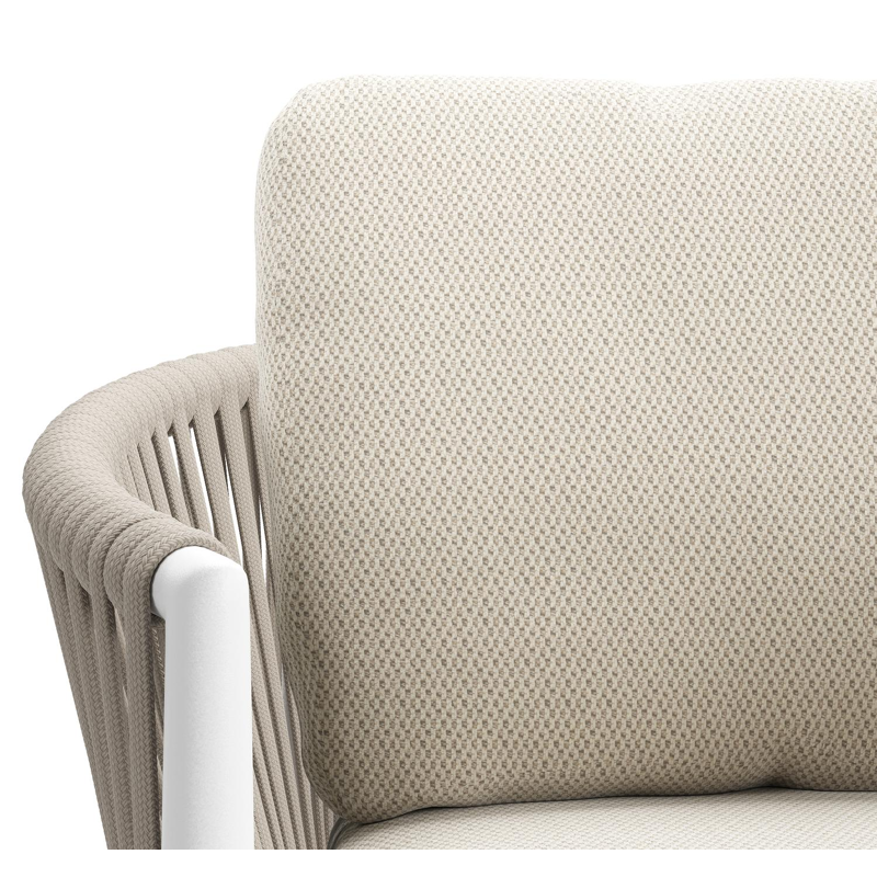 Organo tuinstoel in wit aluminium en beige verticaal geweven luxe vlakke rope met kussen in lopi marble all weather sunbrella® luxe