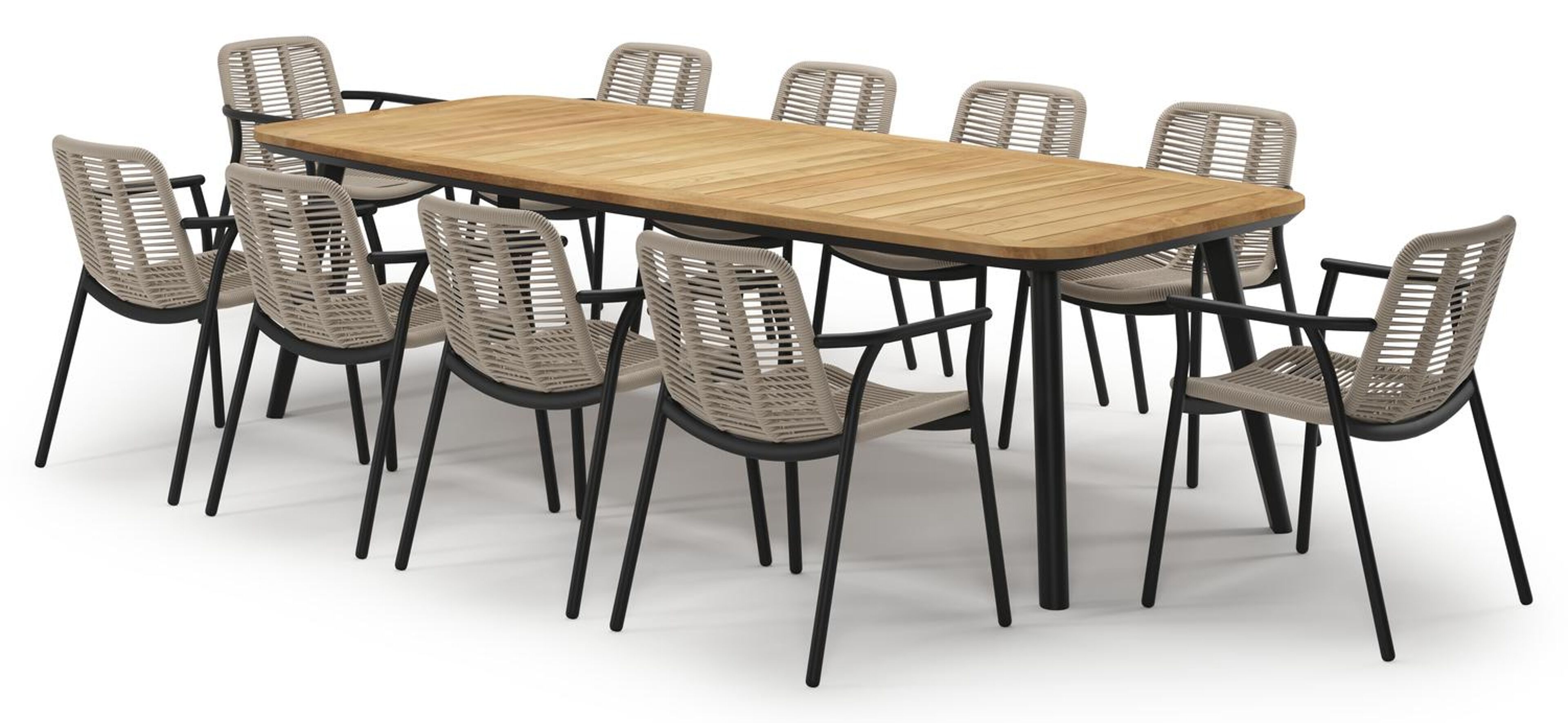 Mosa tuinset in zwart aluminium en teak met 10 stapelbare Berga tuinstoelen