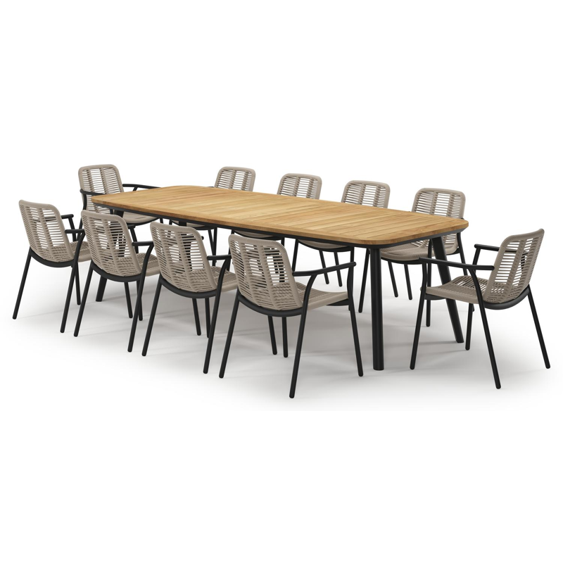 Mosa tuinset in zwart aluminium en teak met 10 stapelbare Berga tuinstoelen