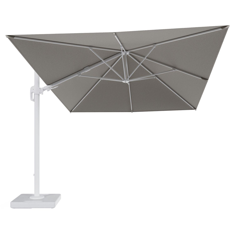 Rufina zweefparasol tiltfunctie in wit aluminium en parasoldoek in All Weather Solica Firenze Sand - L1 400 x L2 300 cm met parasolvoet Lapido 160 kg