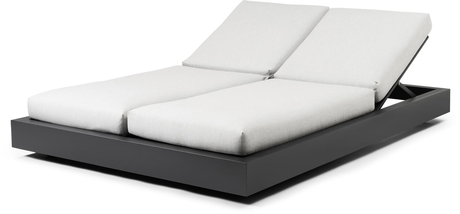 Como verstelbaar dubbel ligbed in zwart aluminium met natte grey chine all weather sunbrella® luxe kussens