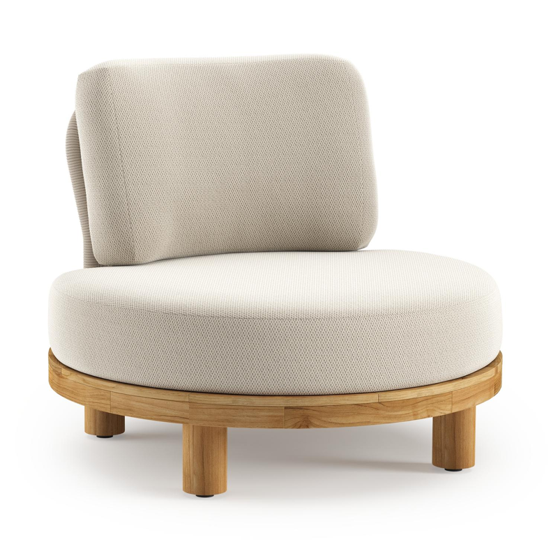 Donato loungestoel in teak en beige verticaal geweven ronde rope met all weather sunbrella® luxe Lopi Marble kussen