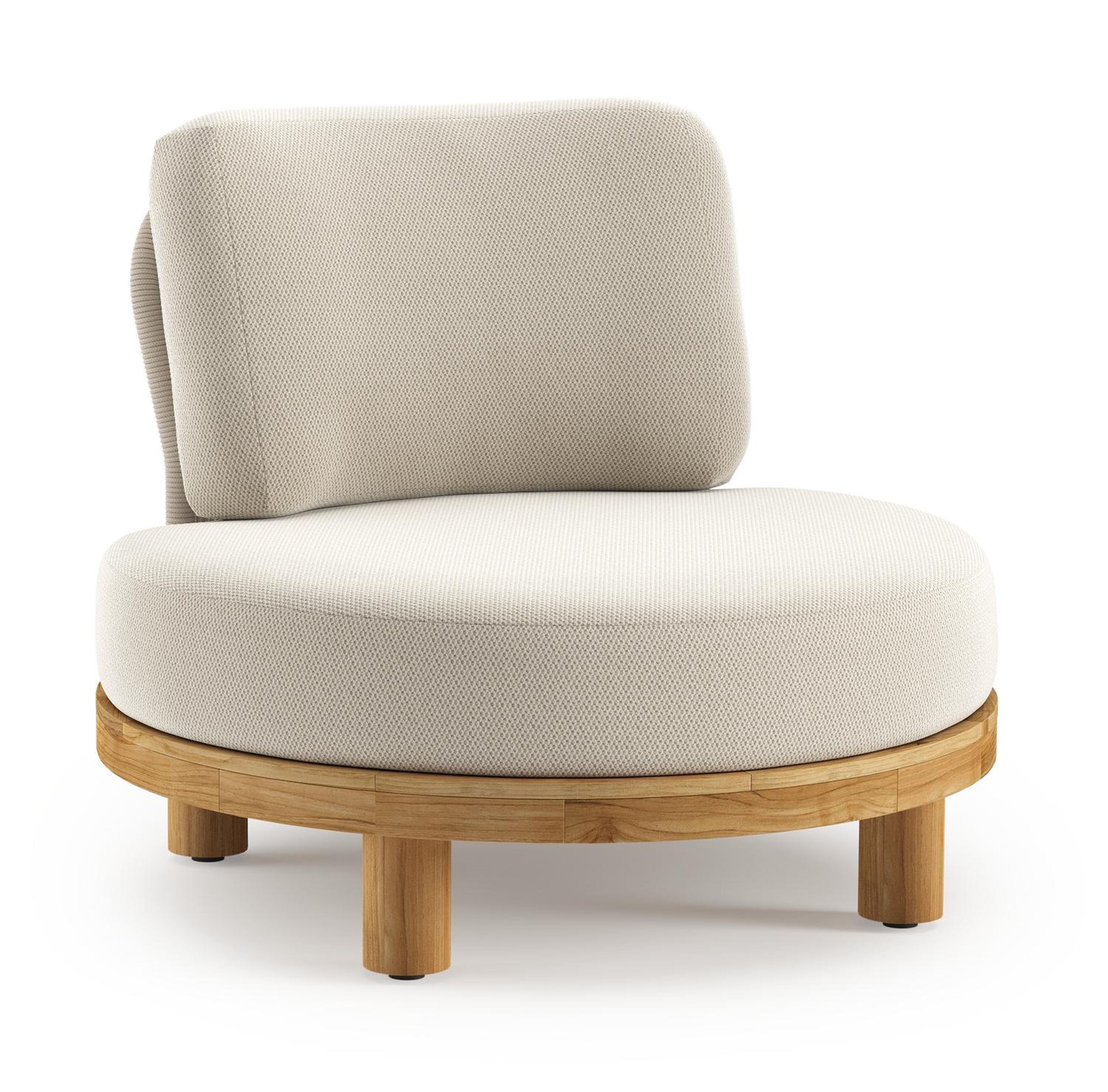 Donato loungestoel in teak en beige verticaal geweven ronde rope met all weather sunbrella® luxe Lopi Marble kussen