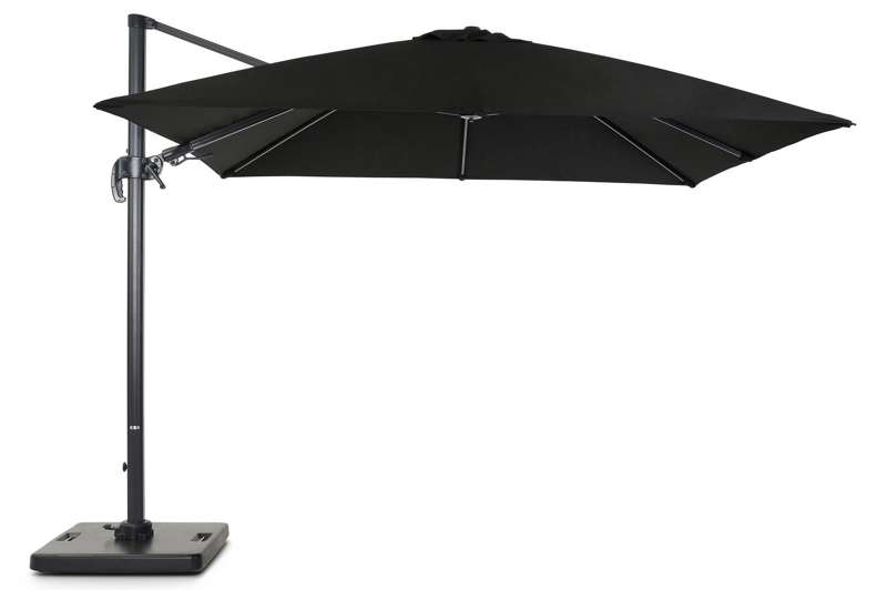 Avola zweefparasol met tiltfunctie in zwart aluminium met zwart all weather sunbrella® premium parasoldoek - L1: 300 x L2: 300 cm (met voet)