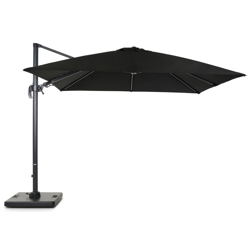 Avola zweefparasol met tiltfunctie in zwart aluminium met zwart all weather sunbrella® premium parasoldoek - L1: 300 x L2: 300 cm (met voet)