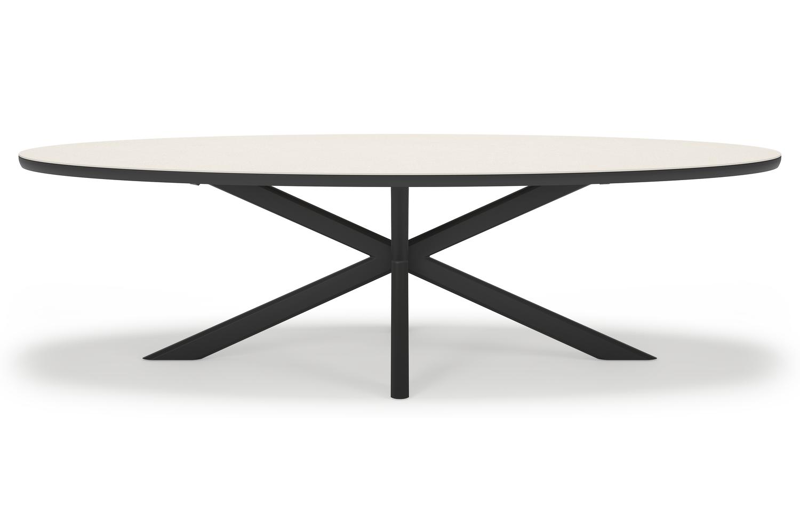 Pamplona ovale tuinset in zwart aluminium en sintered stone crema minerale met 8 Zamora tuinstoelen