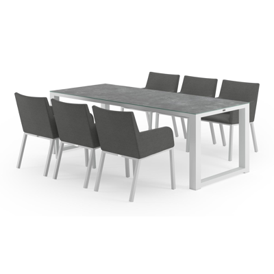 Ensemble de jardin Livo en aluminium blanc avec plateau de table en céramique verre gris et 6 chaises de jardin Rivo